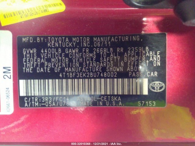 Photo 8 VIN: 4T1BF3EK2BU748002 - TOYOTA CAMRY 