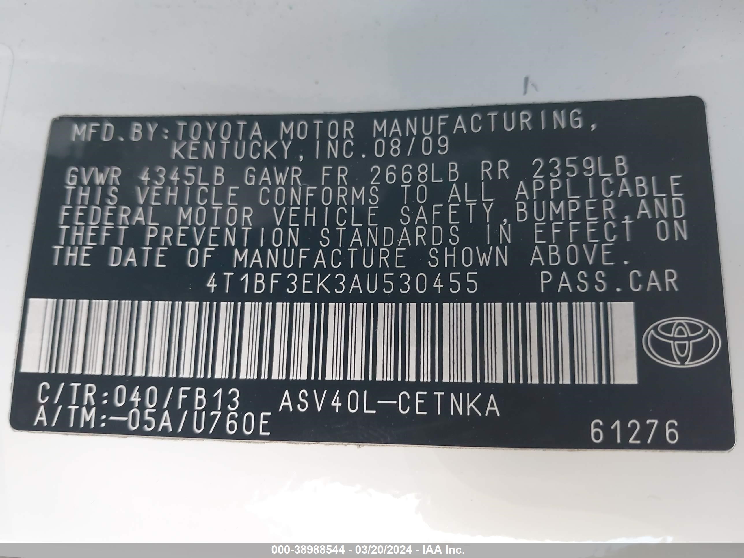 Photo 8 VIN: 4T1BF3EK3AU530455 - TOYOTA CAMRY 