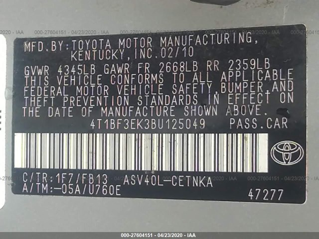 Photo 8 VIN: 4T1BF3EK3BU125049 - TOYOTA CAMRY 