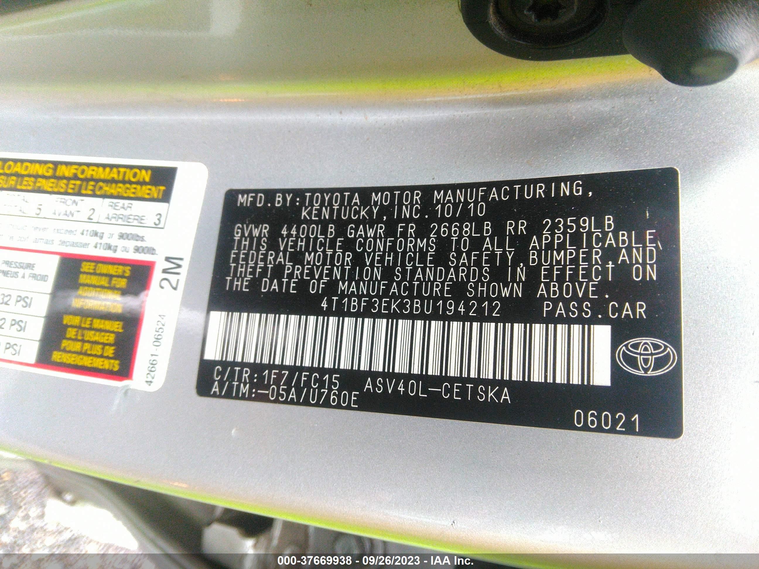 Photo 8 VIN: 4T1BF3EK3BU194212 - TOYOTA CAMRY 