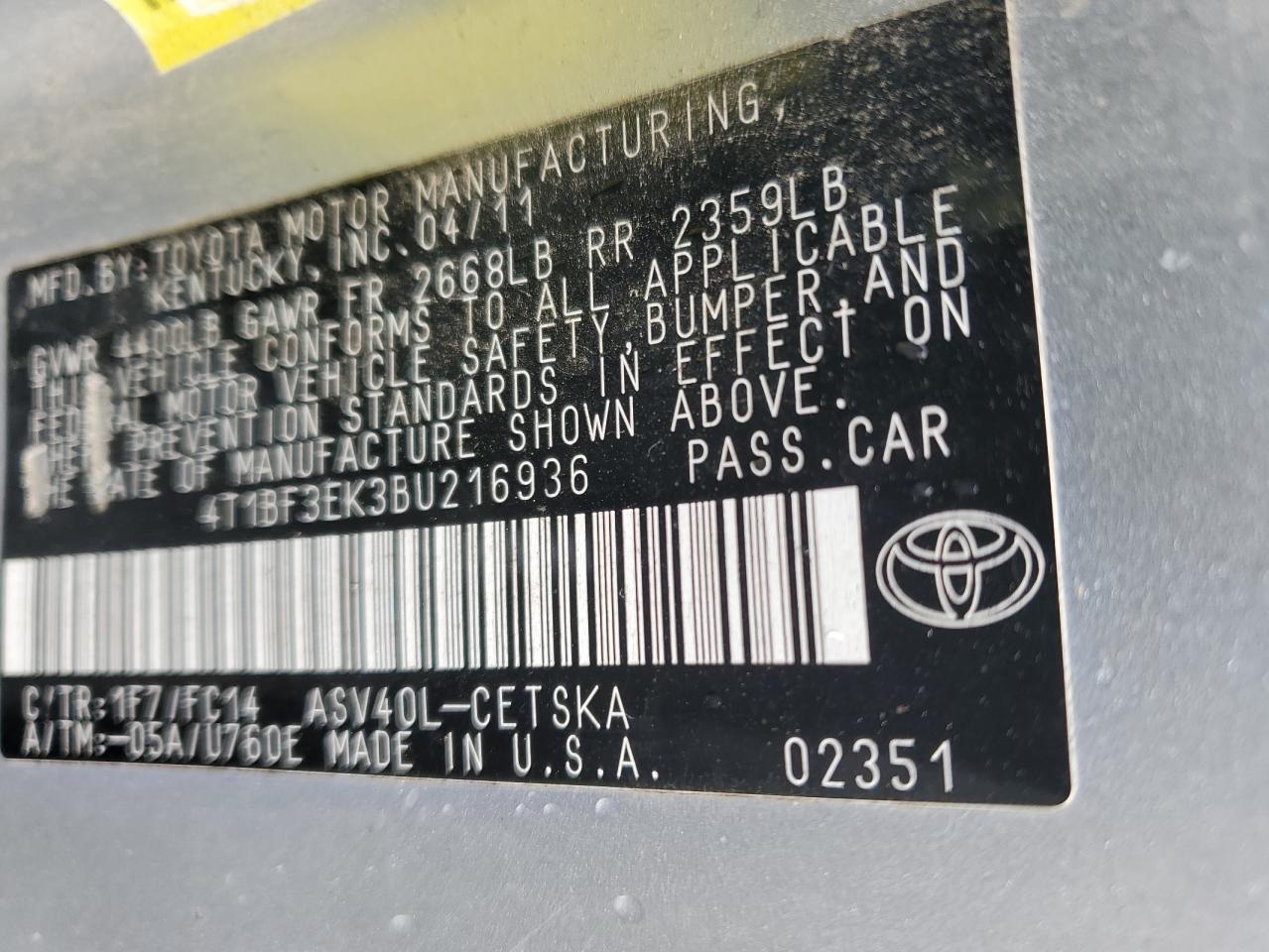 Photo 12 VIN: 4T1BF3EK3BU216936 - TOYOTA CAMRY 