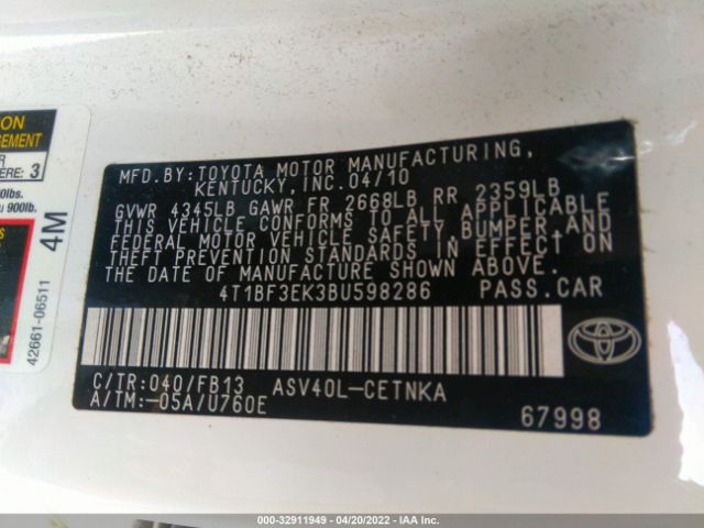 Photo 8 VIN: 4T1BF3EK3BU598286 - TOYOTA CAMRY 