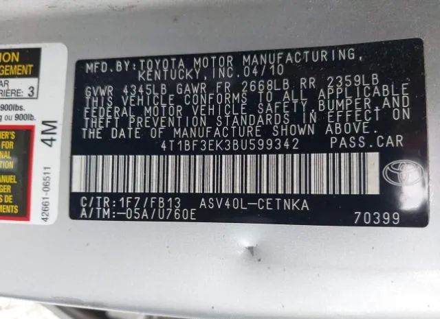 Photo 8 VIN: 4T1BF3EK3BU599342 - TOYOTA CAMRY 