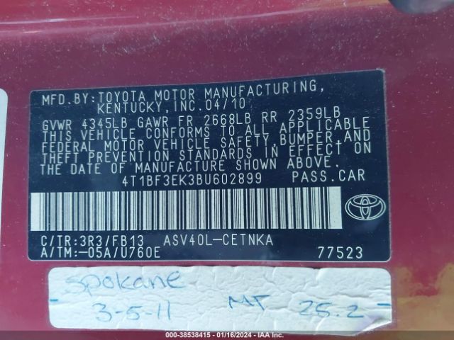 Photo 8 VIN: 4T1BF3EK3BU602899 - TOYOTA CAMRY 