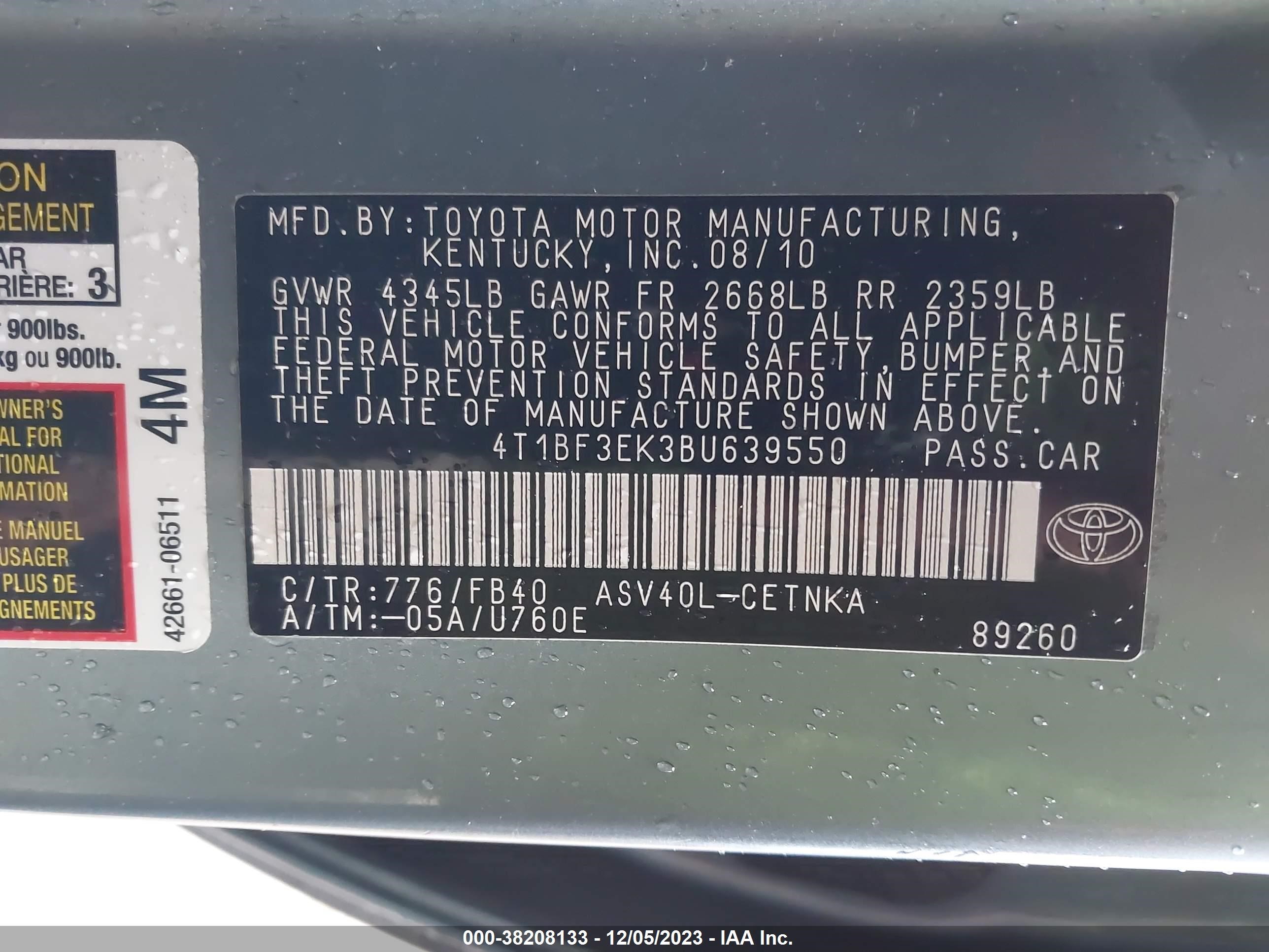 Photo 8 VIN: 4T1BF3EK3BU639550 - TOYOTA CAMRY 