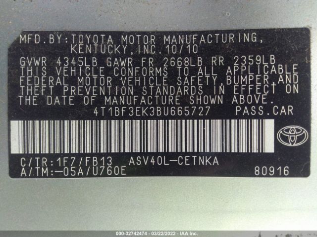 Photo 8 VIN: 4T1BF3EK3BU665727 - TOYOTA CAMRY 