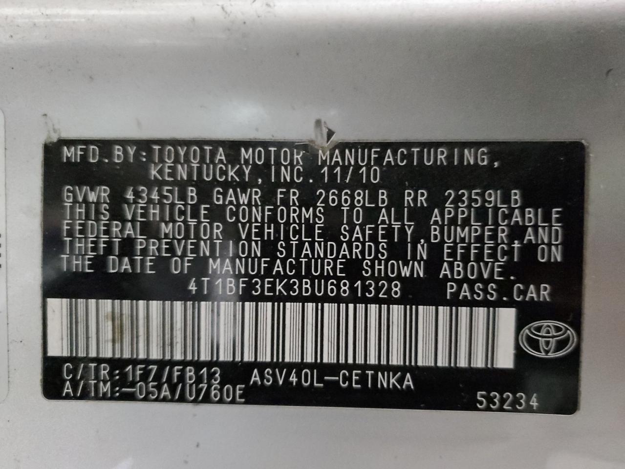 Photo 11 VIN: 4T1BF3EK3BU681328 - TOYOTA CAMRY 