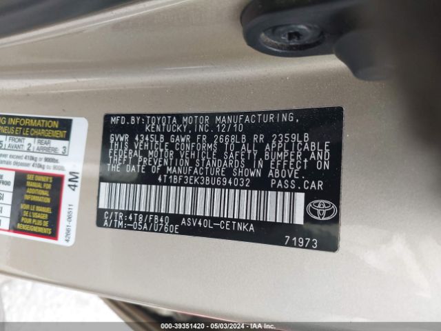 Photo 8 VIN: 4T1BF3EK3BU694032 - TOYOTA CAMRY 