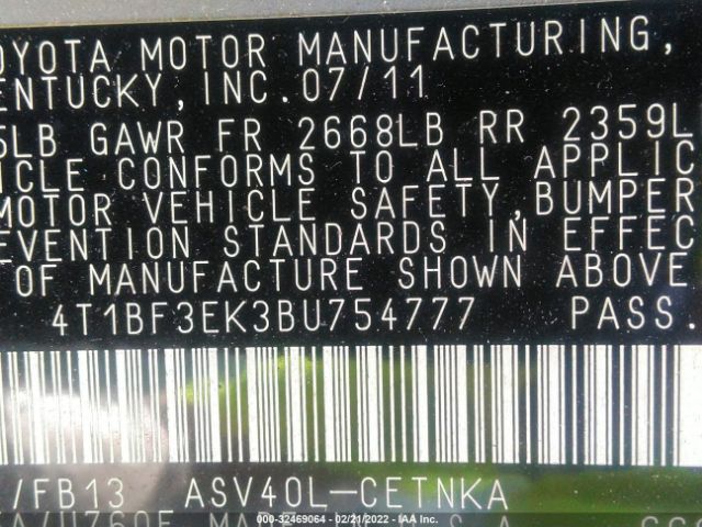 Photo 8 VIN: 4T1BF3EK3BU754777 - TOYOTA CAMRY 