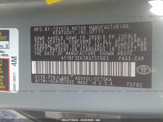 Photo 8 VIN: 4T1BF3EK3BU757663 - TOYOTA CAMRY 