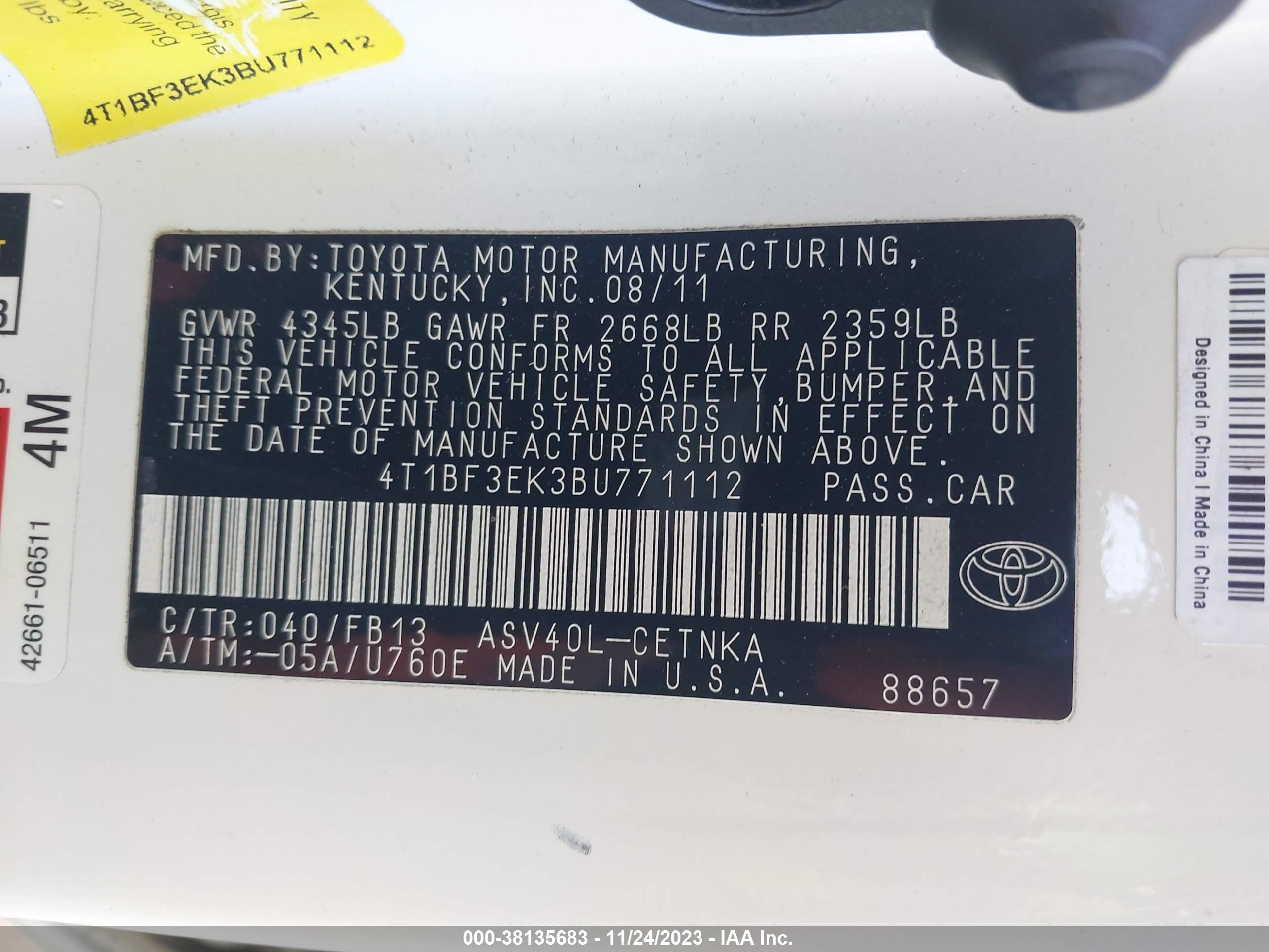 Photo 8 VIN: 4T1BF3EK3BU771112 - TOYOTA CAMRY 