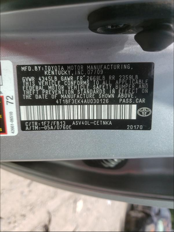 Photo 9 VIN: 4T1BF3EK4AU030126 - TOYOTA CAMRY BASE 