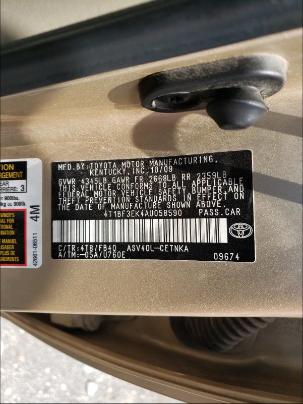 Photo 9 VIN: 4T1BF3EK4AU058590 - TOYOTA CAMRY BASE 