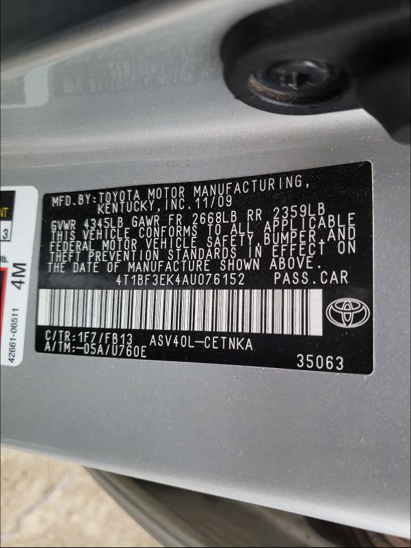 Photo 9 VIN: 4T1BF3EK4AU076152 - TOYOTA CAMRY BASE 