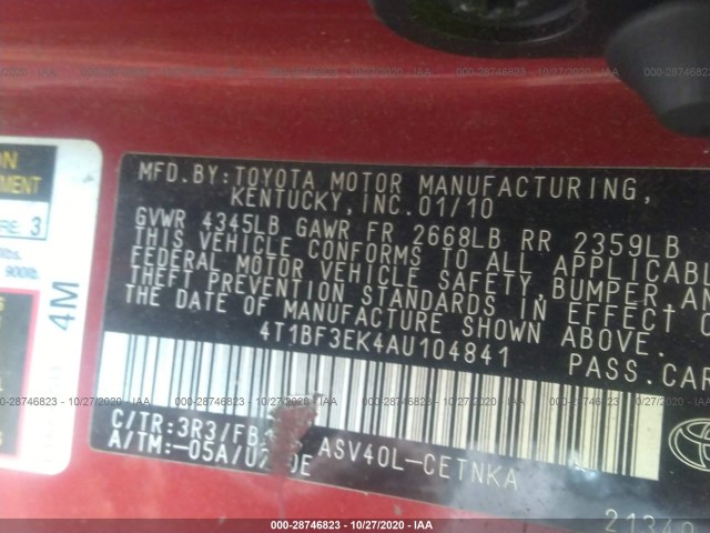 Photo 8 VIN: 4T1BF3EK4AU104841 - TOYOTA CAMRY 