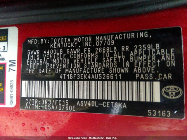 Photo 8 VIN: 4T1BF3EK4AU526611 - TOYOTA CAMRY 