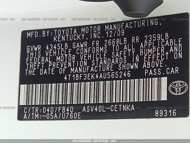 Photo 8 VIN: 4T1BF3EK4AU565246 - TOYOTA CAMRY 