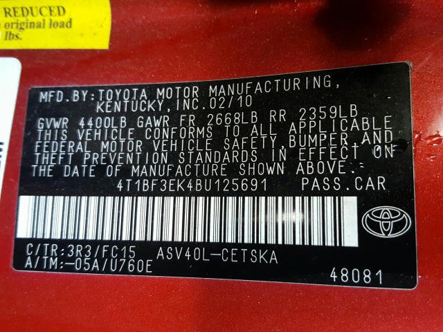 Photo 9 VIN: 4T1BF3EK4BU125691 - TOYOTA CAMRY BASE 