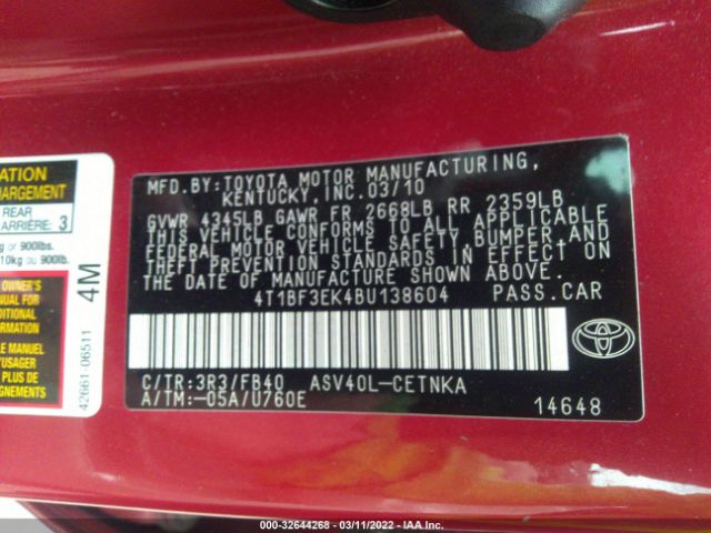 Photo 8 VIN: 4T1BF3EK4BU138604 - TOYOTA CAMRY 