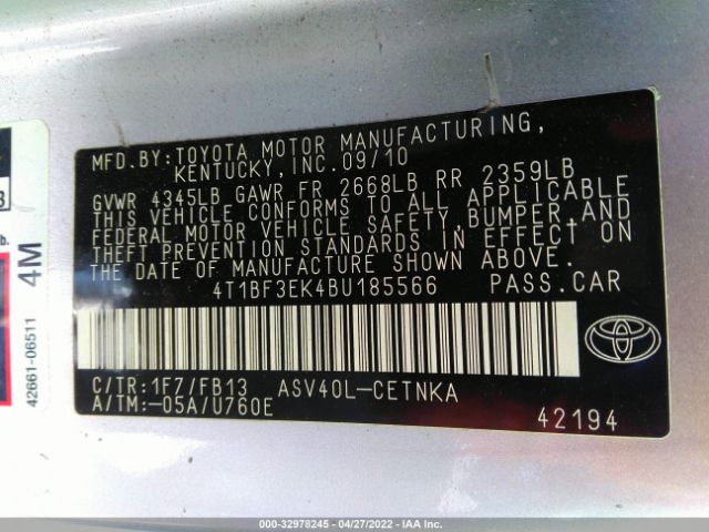 Photo 8 VIN: 4T1BF3EK4BU185566 - TOYOTA CAMRY 