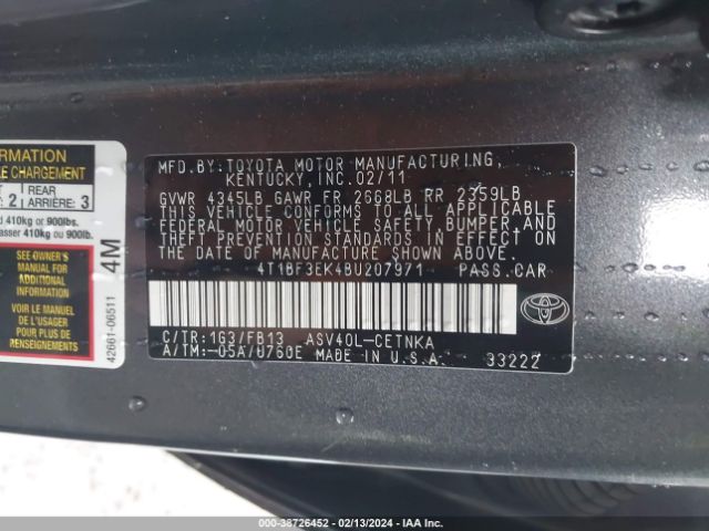 Photo 8 VIN: 4T1BF3EK4BU207971 - TOYOTA CAMRY 