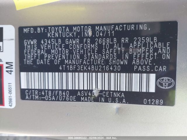 Photo 8 VIN: 4T1BF3EK4BU216430 - TOYOTA CAMRY 