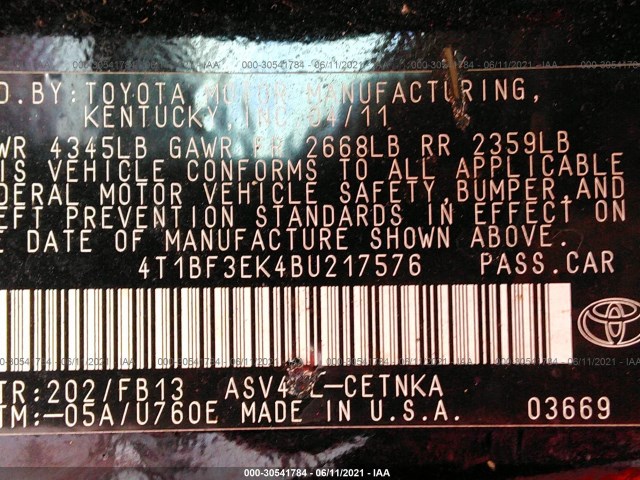 Photo 8 VIN: 4T1BF3EK4BU217576 - TOYOTA CAMRY 