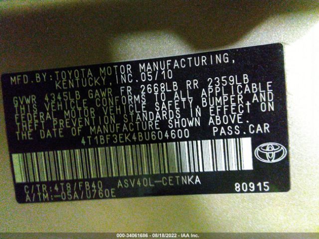 Photo 8 VIN: 4T1BF3EK4BU604600 - TOYOTA CAMRY 