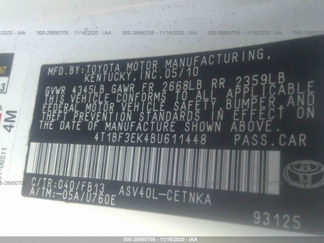 Photo 8 VIN: 4T1BF3EK4BU611448 - TOYOTA CAMRY 