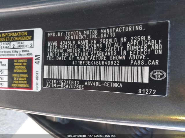 Photo 8 VIN: 4T1BF3EK4BU640822 - TOYOTA CAMRY 