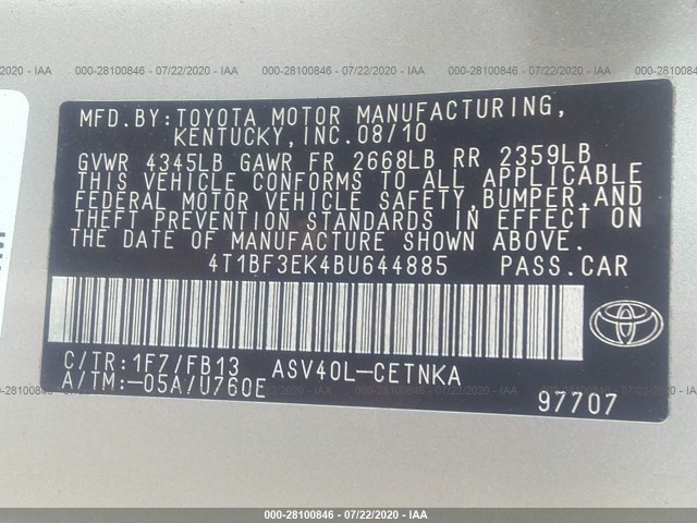 Photo 8 VIN: 4T1BF3EK4BU644885 - TOYOTA CAMRY 