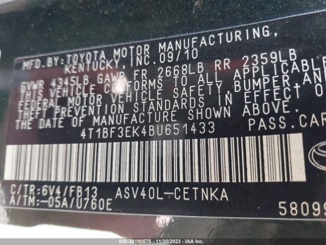 Photo 8 VIN: 4T1BF3EK4BU651433 - TOYOTA CAMRY 