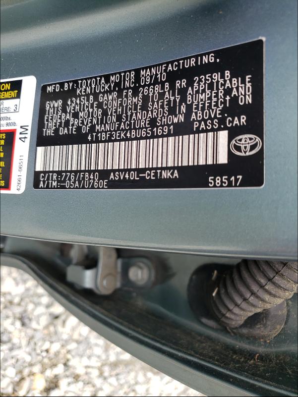 Photo 9 VIN: 4T1BF3EK4BU651691 - TOYOTA CAMRY BASE 