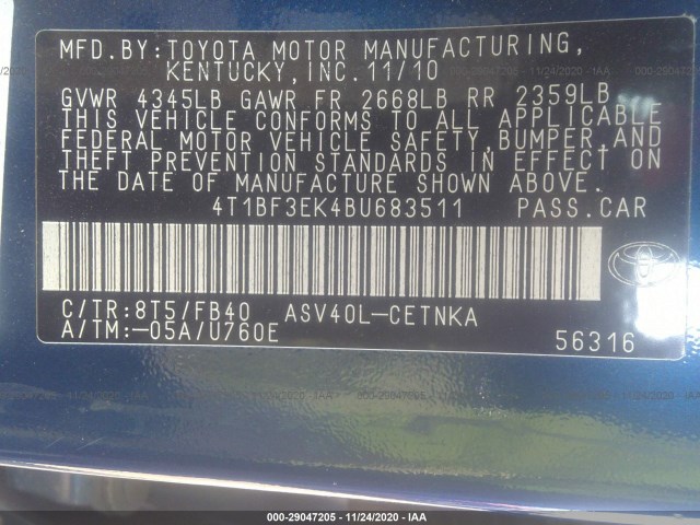 Photo 8 VIN: 4T1BF3EK4BU683511 - TOYOTA CAMRY 