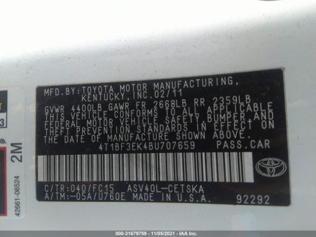 Photo 8 VIN: 4T1BF3EK4BU707659 - TOYOTA CAMRY 