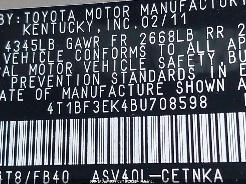 Photo 8 VIN: 4T1BF3EK4BU708598 - TOYOTA CAMRY 