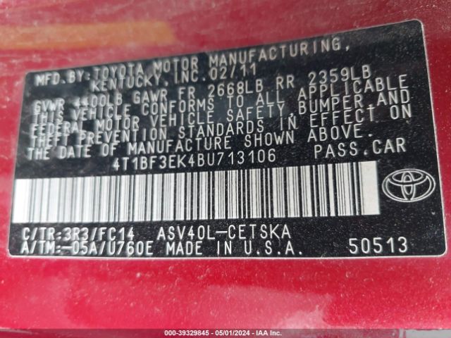 Photo 8 VIN: 4T1BF3EK4BU713106 - TOYOTA CAMRY 