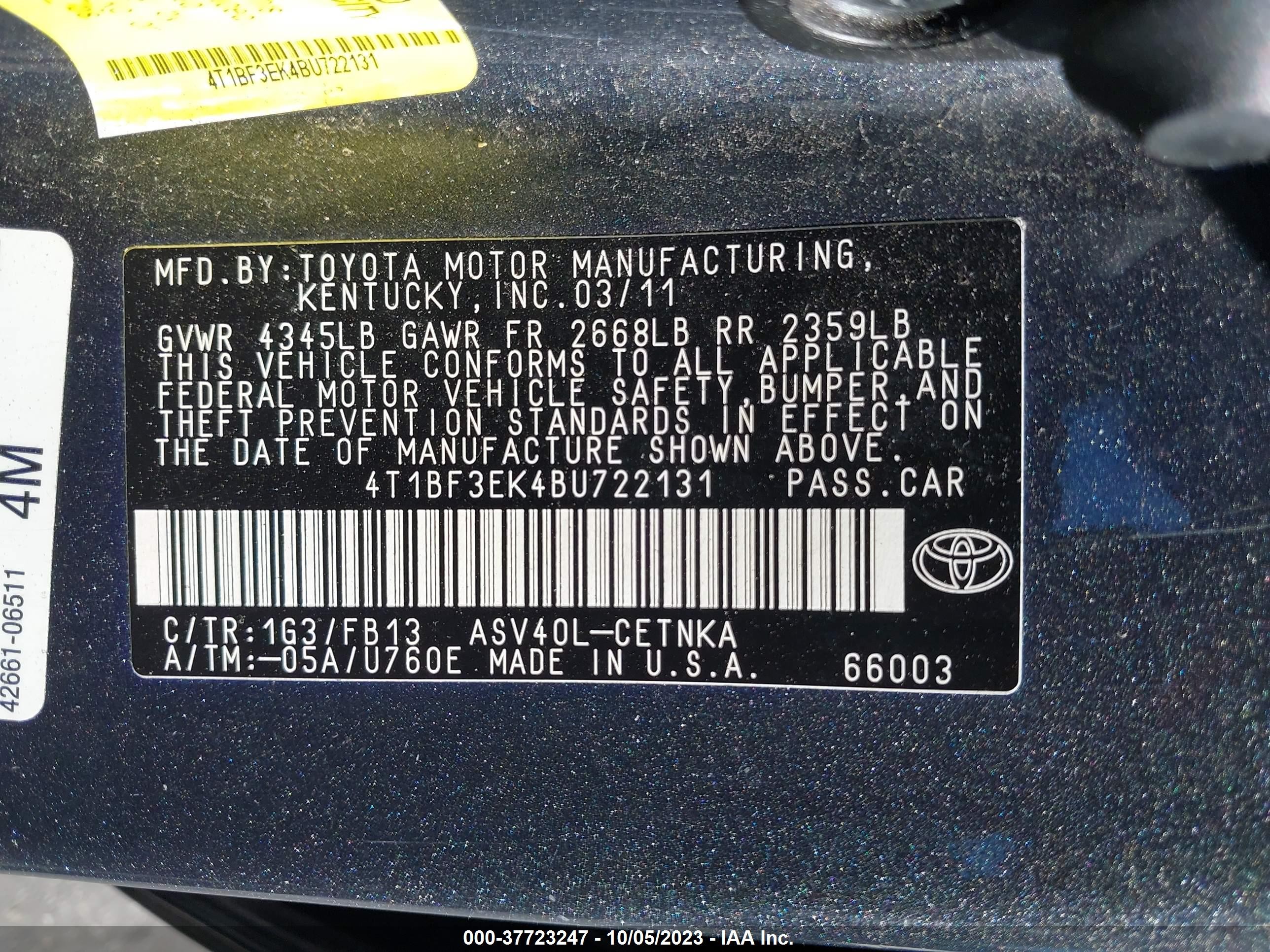 Photo 8 VIN: 4T1BF3EK4BU722131 - TOYOTA CAMRY 