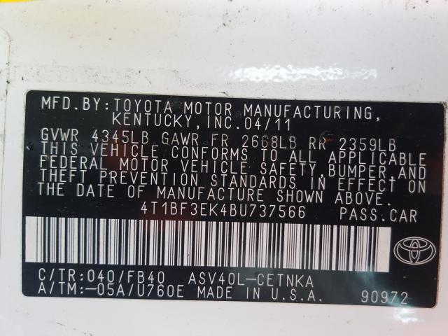 Photo 9 VIN: 4T1BF3EK4BU737566 - TOYOTA CAMRY BASE 