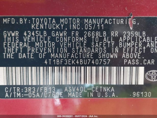 Photo 8 VIN: 4T1BF3EK4BU740757 - TOYOTA CAMRY 