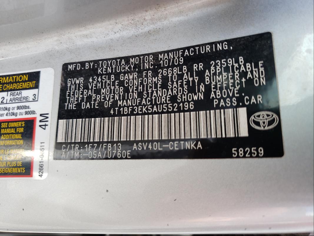 Photo 9 VIN: 4T1BF3EK5AU552196 - TOYOTA CAMRY BASE 