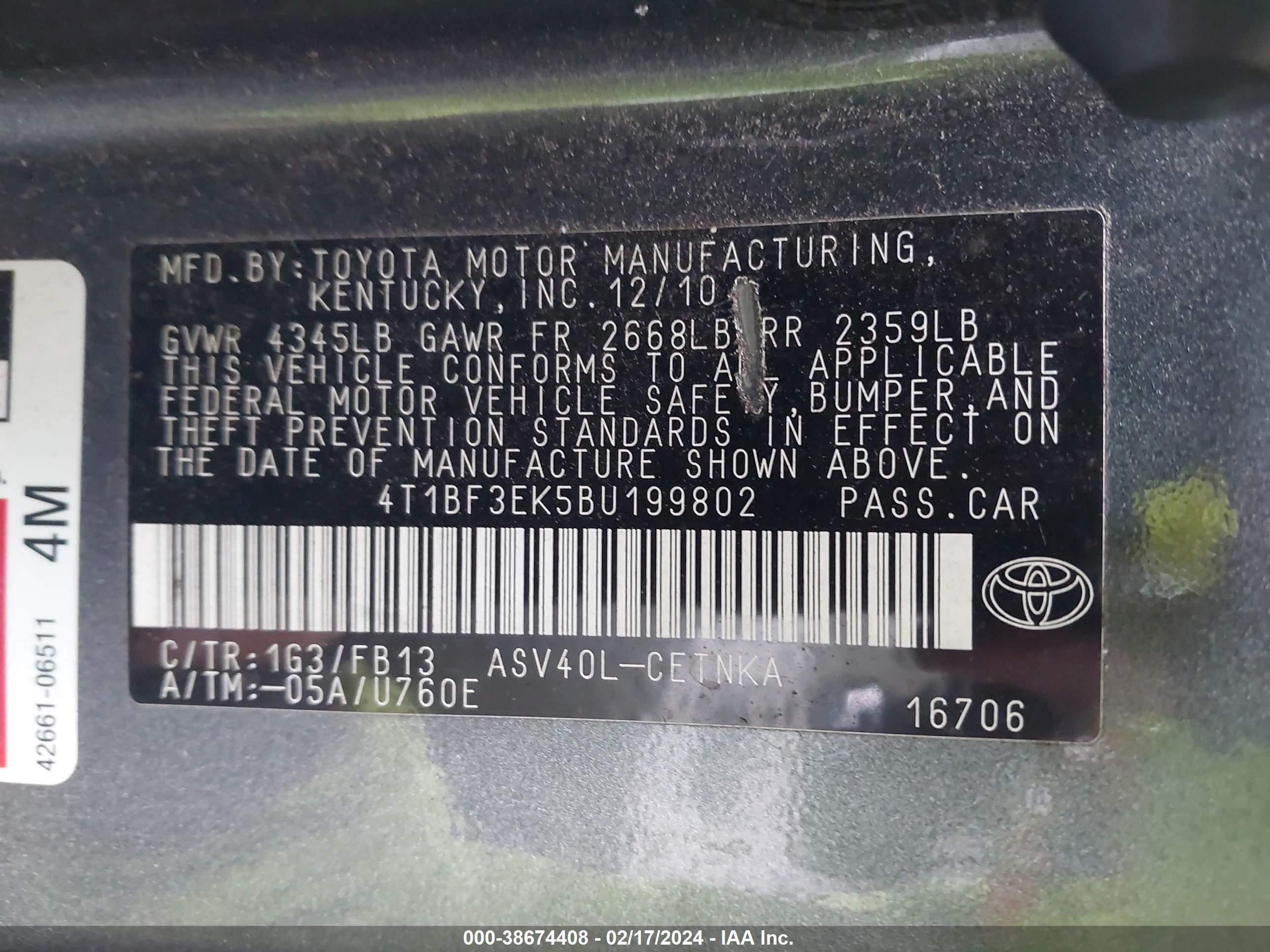 Photo 8 VIN: 4T1BF3EK5BU199802 - TOYOTA CAMRY 