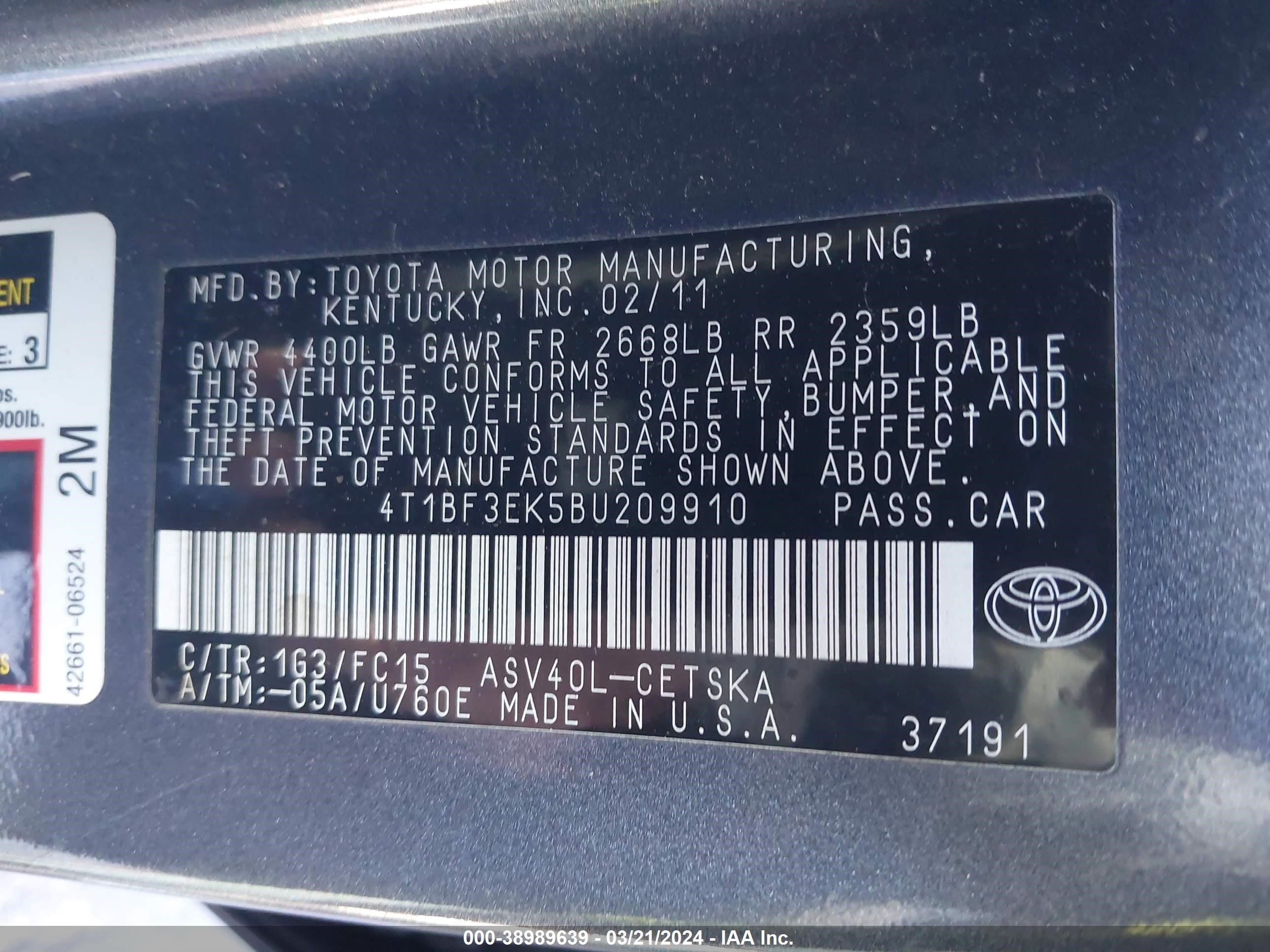 Photo 8 VIN: 4T1BF3EK5BU209910 - TOYOTA CAMRY 