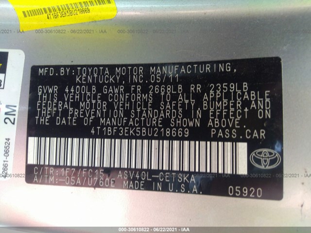 Photo 8 VIN: 4T1BF3EK5BU218669 - TOYOTA CAMRY 