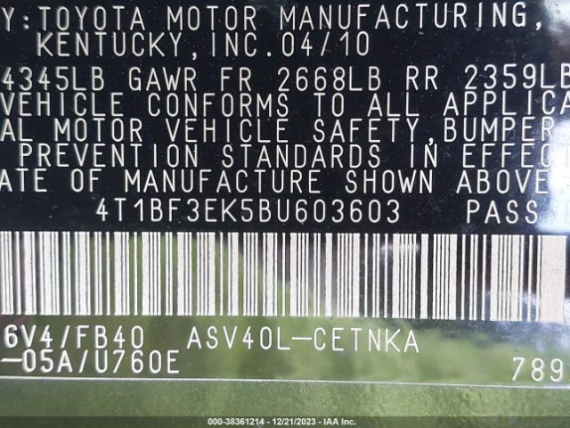 Photo 8 VIN: 4T1BF3EK5BU603603 - TOYOTA CAMRY 