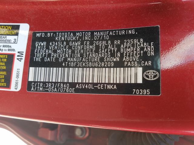 Photo 9 VIN: 4T1BF3EK5BU628209 - TOYOTA CAMRY BASE 