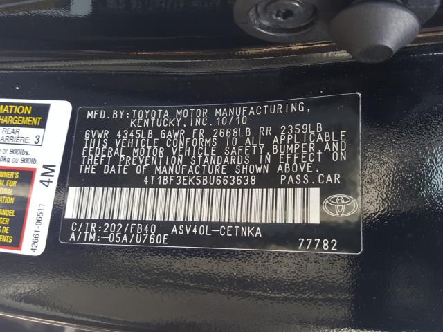 Photo 9 VIN: 4T1BF3EK5BU663638 - TOYOTA CAMRY BASE 