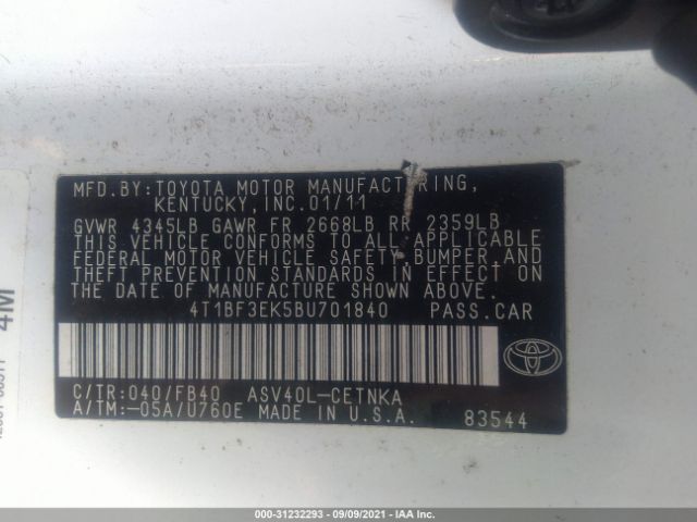 Photo 8 VIN: 4T1BF3EK5BU701840 - TOYOTA CAMRY 