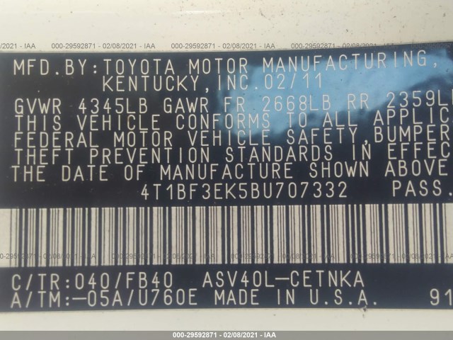 Photo 8 VIN: 4T1BF3EK5BU707332 - TOYOTA CAMRY 