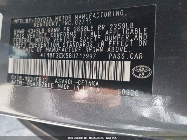 Photo 8 VIN: 4T1BF3EK5BU712997 - TOYOTA CAMRY 